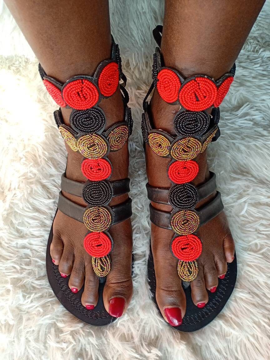 Handmade African Beaded Sandals/Authentic Maasai-Style Leather Flip-Flops Women/Boho Beach Sandals/Comfortable Summer Sandal African Gifts