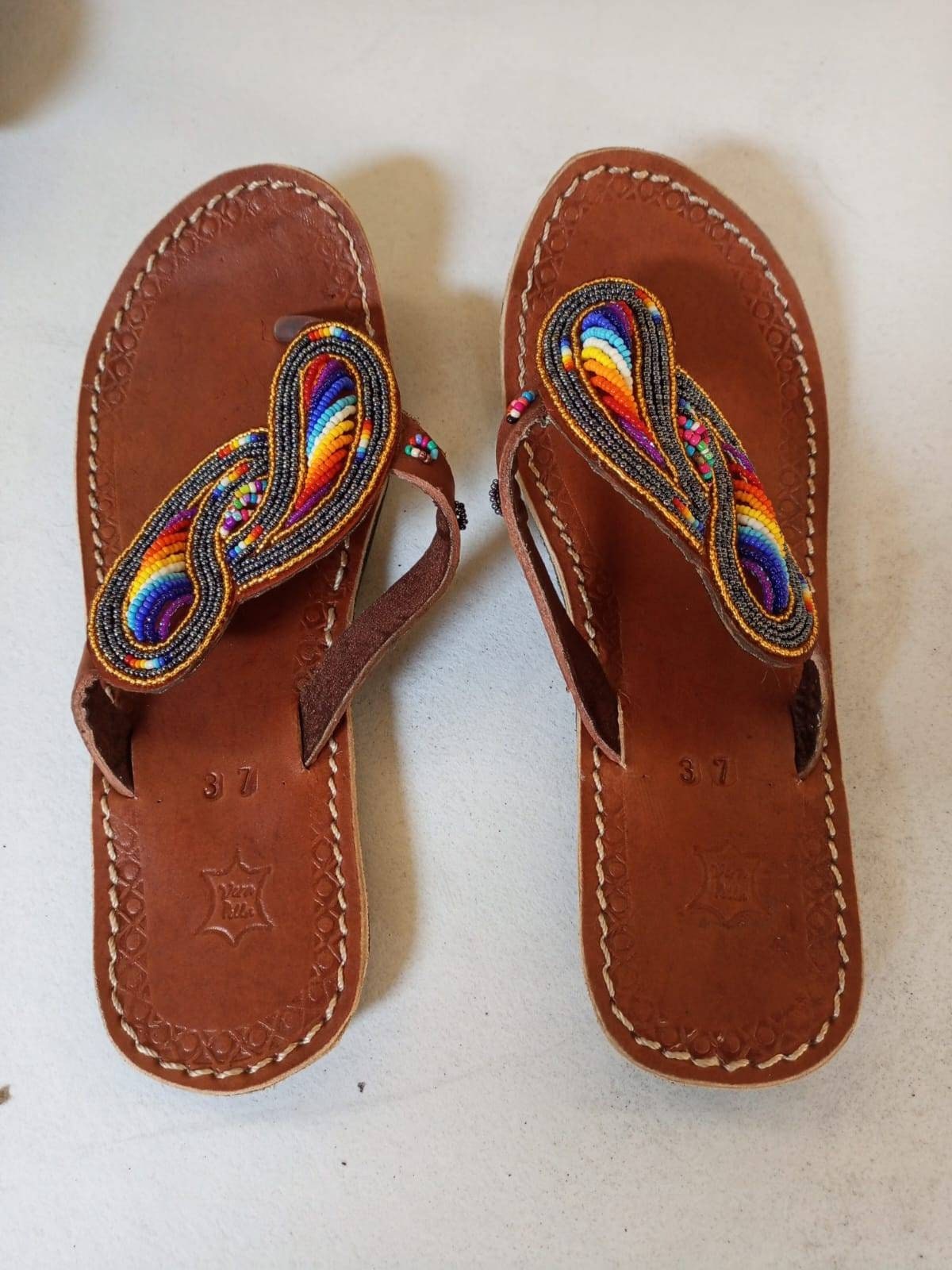 Handmade African Beaded Sandals/Authentic Maasai-Style Leather Flip-Flops Women/Boho Beach Sandals/Comfortable Summer Sandal African Gifts