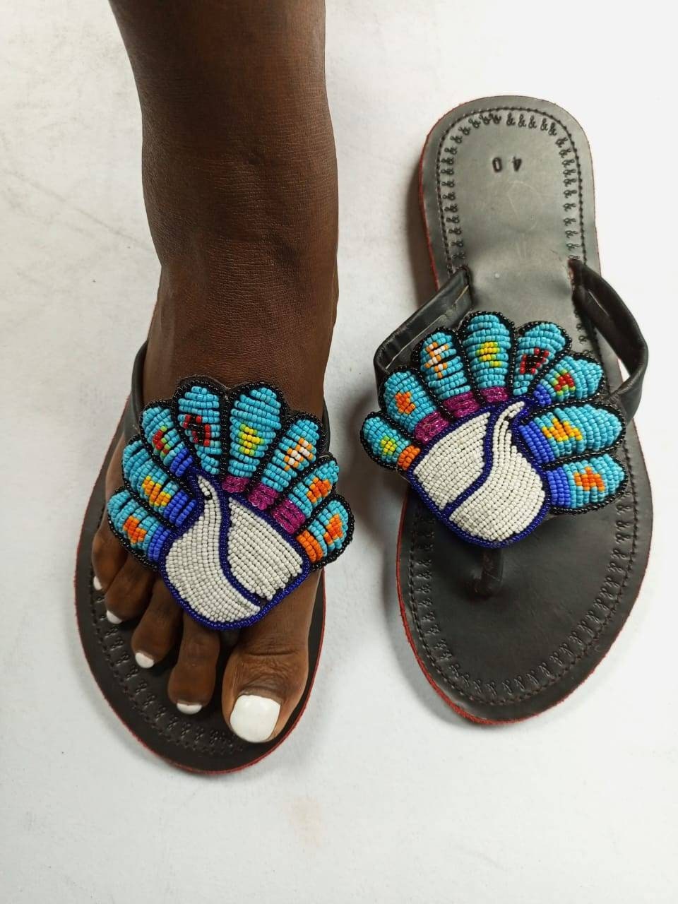 Handmade African Beaded Sandals/Authentic Maasai-Style Leather Flip-Flops Women/Boho Beach Sandals/Comfortable Summer Sandal African Gifts
