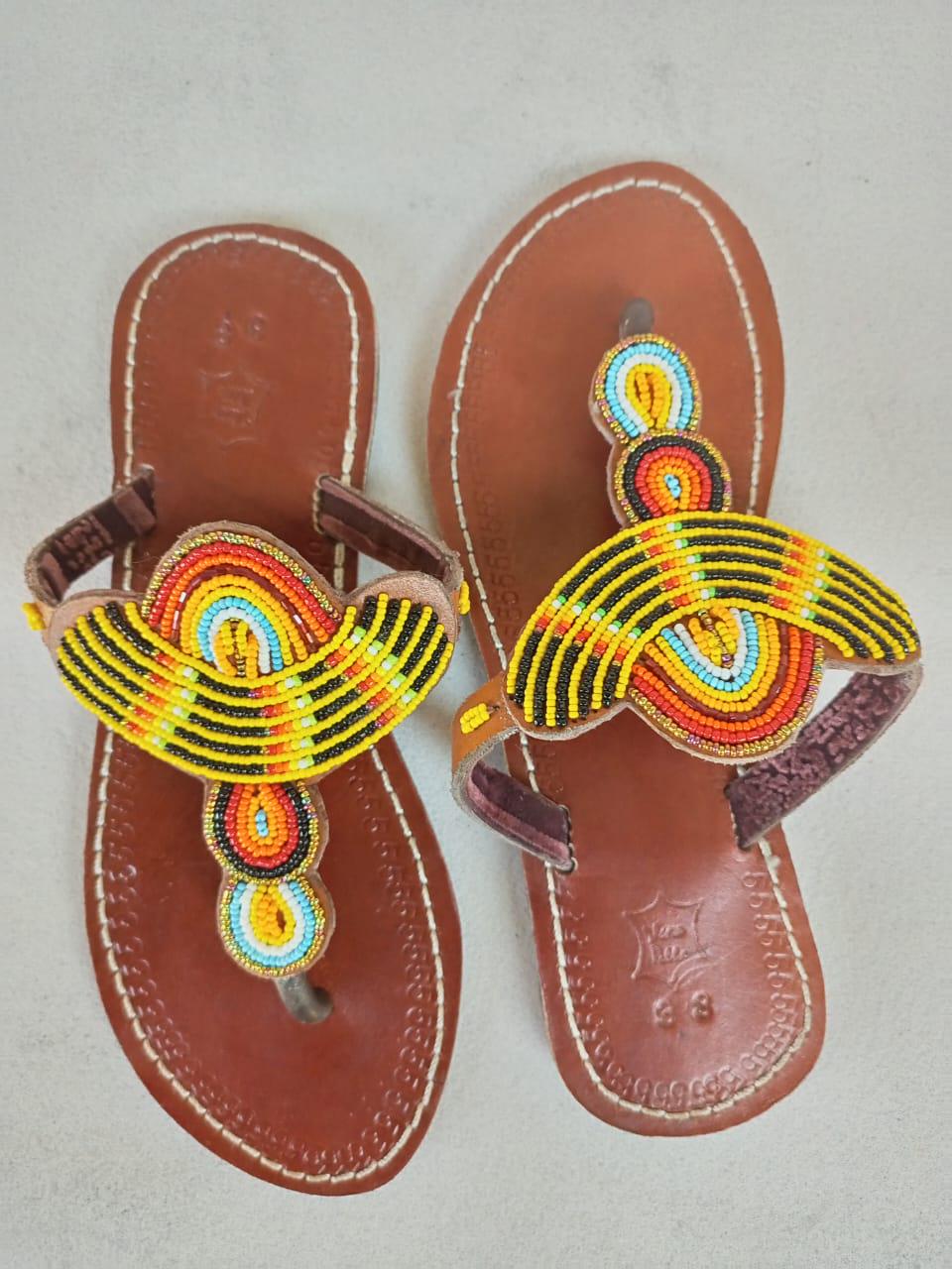 Handmade African Beaded Sandals/Authentic Maasai-Style Leather Flip-Flops Women/Boho Beach Sandals/Comfortable Summer Sandal African Gifts