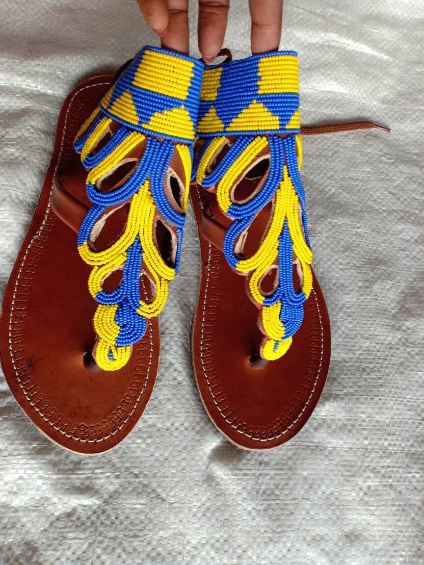 Handmade African Beaded Sandals/Authentic Maasai-Style Leather Flip-Flops Women/Boho Beach Sandals/Comfortable Summer Sandal African Gifts