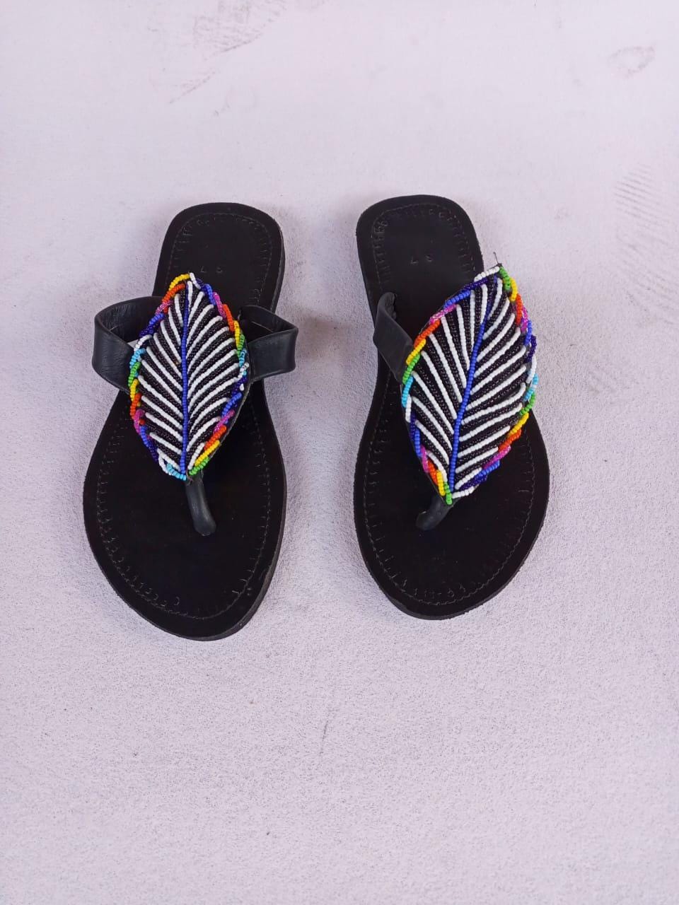 Handmade African Beaded Sandals/Authentic Maasai-Style Leather Flip-Flops Women/Boho Beach Sandals/Comfortable Summer Sandal African Gifts