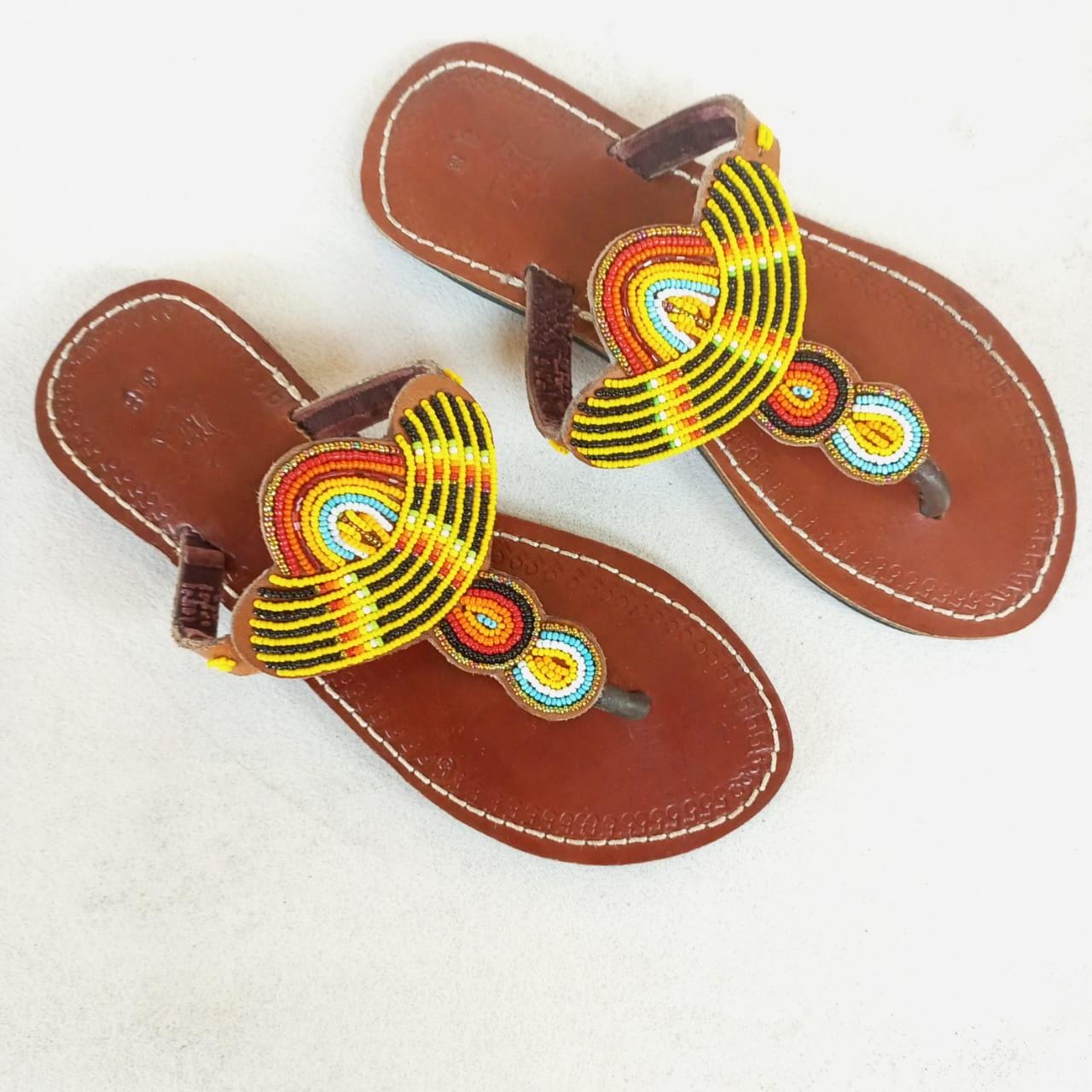 Handmade African Beaded Sandals/Authentic Maasai-Style Leather Flip-Flops Women/Boho Beach Sandals/Comfortable Summer Sandal African Gifts