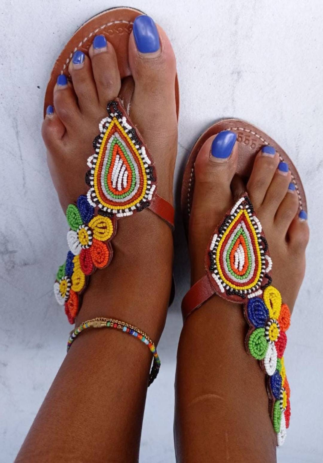 Handmade African Beaded Sandals/Authentic Maasai-Style Leather Flip-Flops Women/Boho Beach Sandals/Comfortable Summer Sandal African Gifts