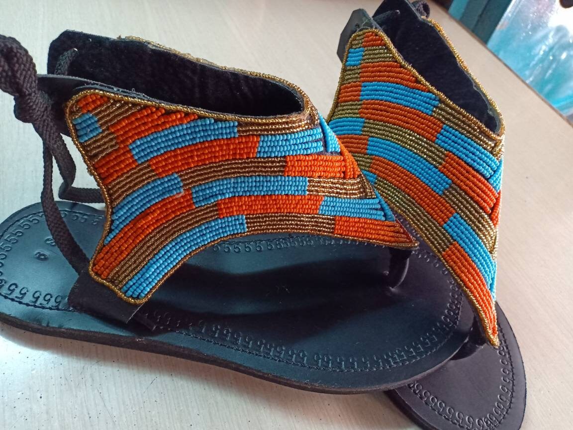Handmade African Beaded Sandals/Authentic Maasai-Style Leather Flip-Flops Women/Boho Beach Sandals/Comfortable Summer Sandal African Gifts