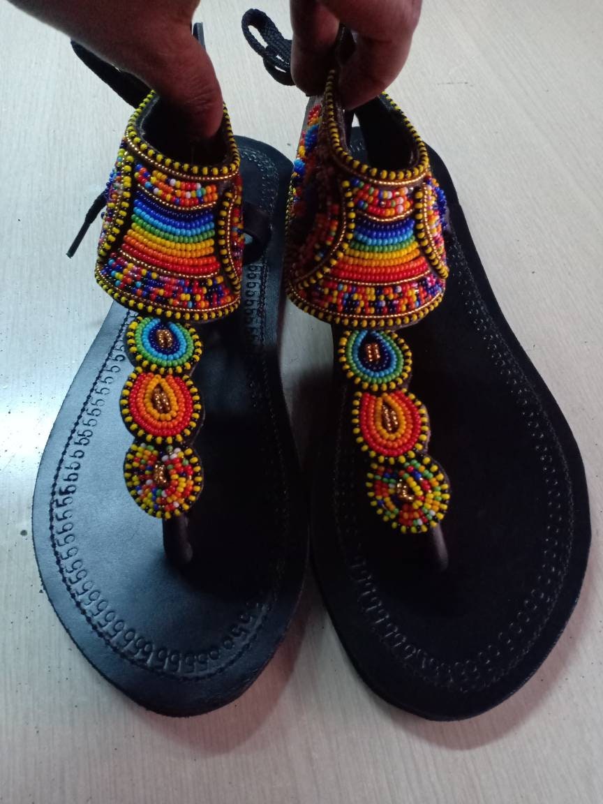 Handmade African Beaded Sandals/Authentic Maasai-Style Leather Flip-Flops Women/Boho Beach Sandals/Comfortable Summer Sandal African Gifts