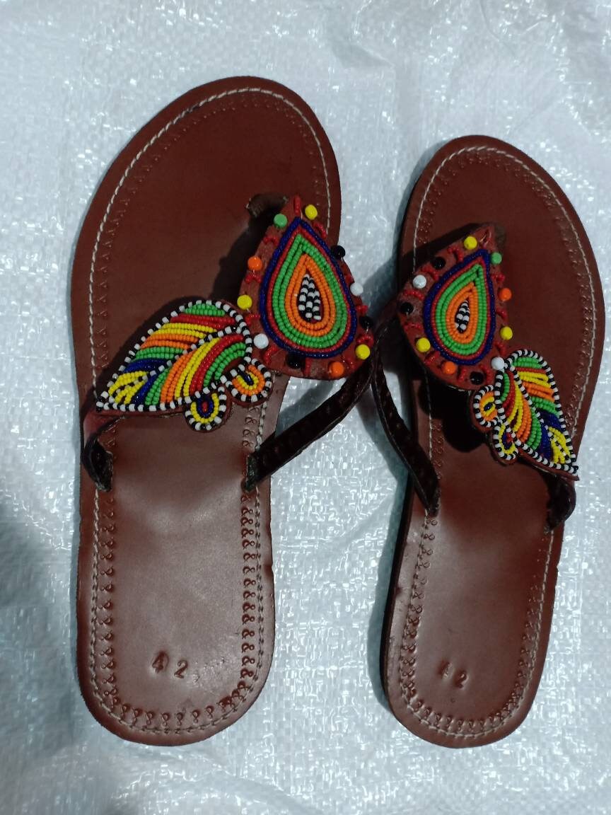 Handmade African Beaded Sandals/Authentic Maasai-Style Leather Flip-Flops Women/Boho Beach Sandals/Comfortable Summer Sandal African Gifts