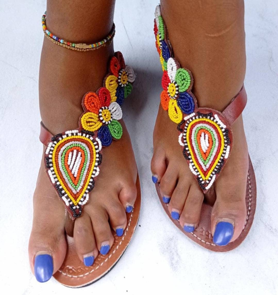 Handmade African Beaded Sandals/Authentic Maasai-Style Leather Flip-Flops Women/Boho Beach Sandals/Comfortable Summer Sandal African Gifts