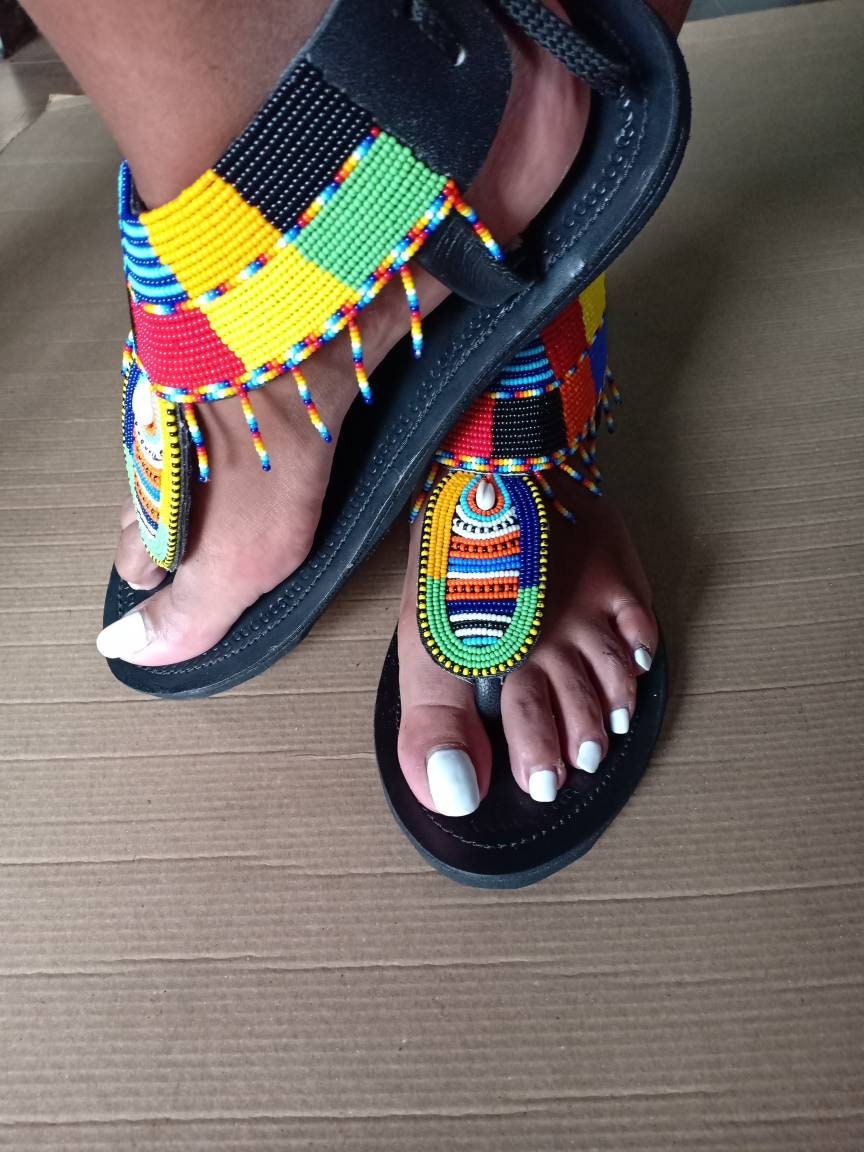 Handmade African Beaded Sandals/Authentic Maasai-Style Leather Flip-Flops Women/Boho Beach Sandals/Comfortable Summer Sandal African Gifts