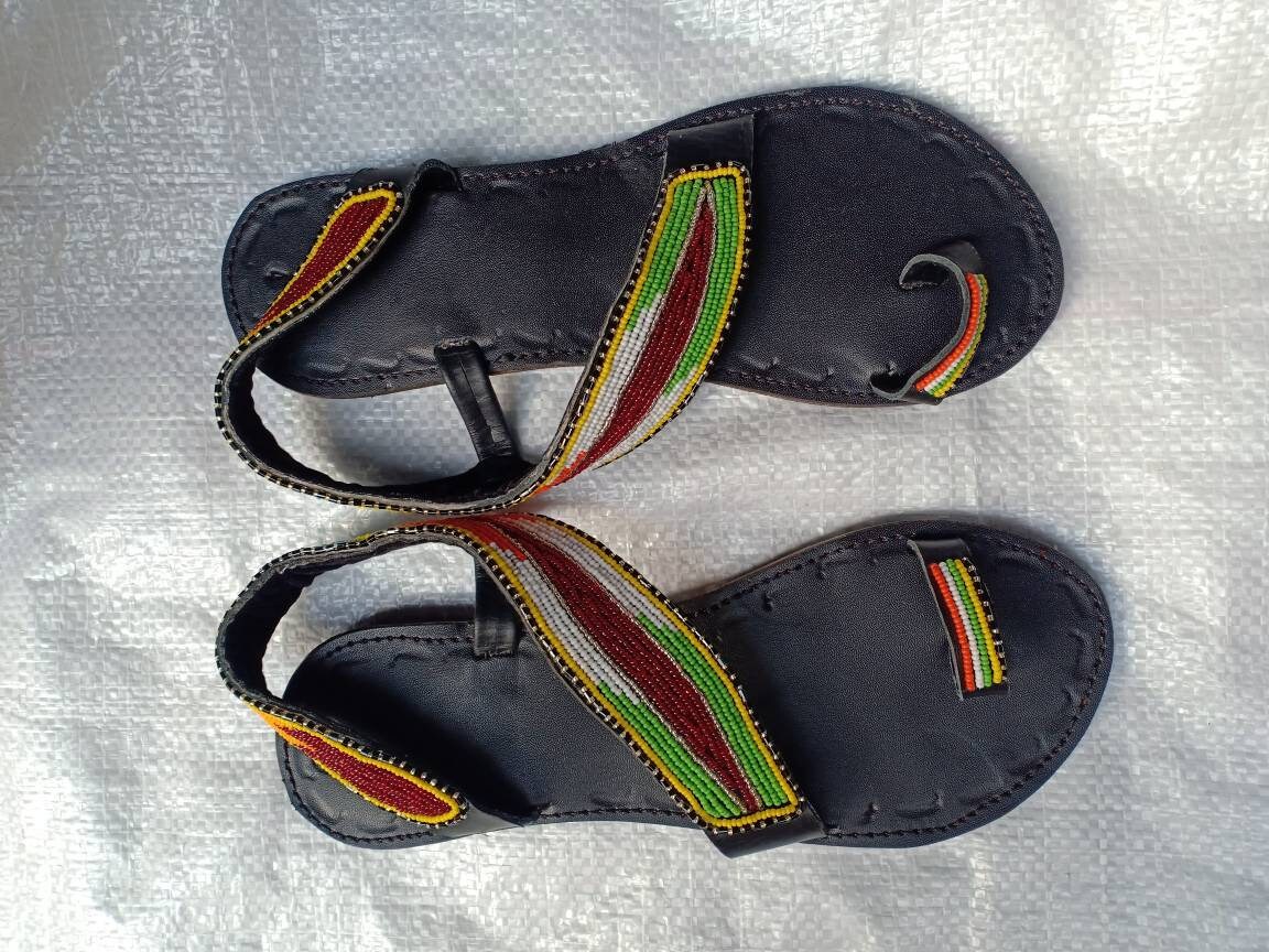 Handmade African Beaded Sandals/Authentic Maasai-Style Leather Flip-Flops Women/Boho Beach Sandals/Comfortable Summer Sandal African Gifts