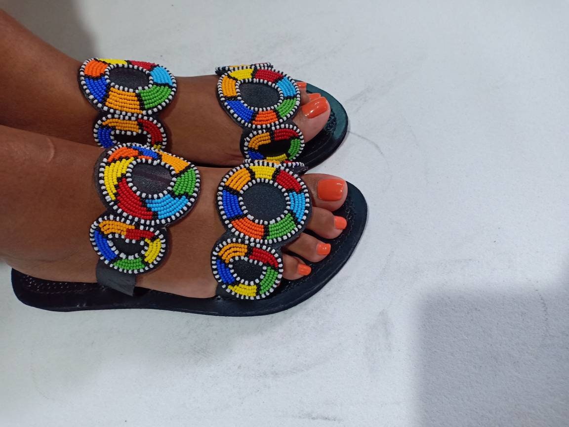 Handmade African Beaded Sandals/Authentic Maasai-Style Leather Flip-Flops Women/Boho Beach Sandals/Comfortable Summer Sandal African Gifts