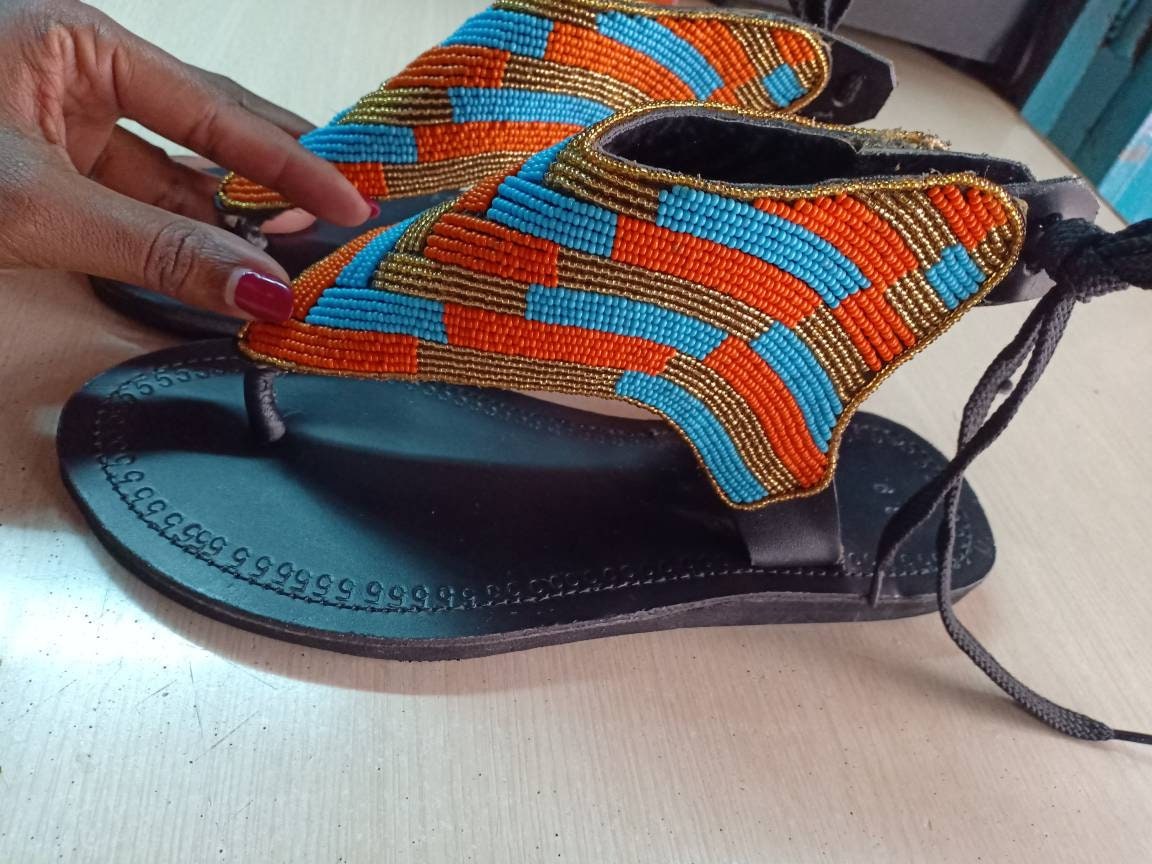 Handmade African Beaded Sandals/Authentic Maasai-Style Leather Flip-Flops Women/Boho Beach Sandals/Comfortable Summer Sandal African Gifts