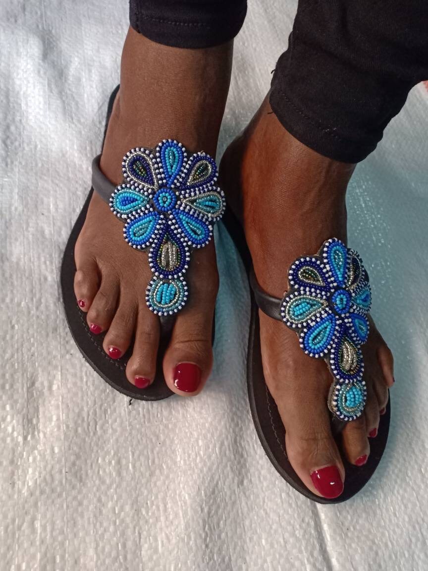 Handmade African Beaded Sandals/Authentic Maasai-Style Leather Flip-Flops Women/Boho Beach Sandals/Comfortable Summer Sandal African Gifts
