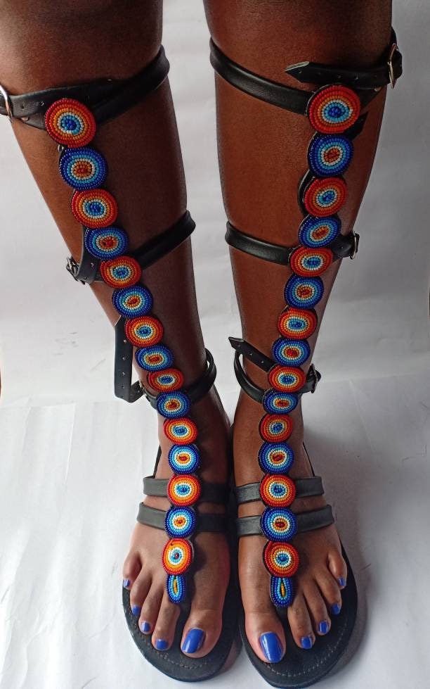 knee length gladiator Beaded Sandals/Authentic Maasai-Style Leather Flip-Flops Women/Boho Beach Sandals/ Summer Sandal African Gifts