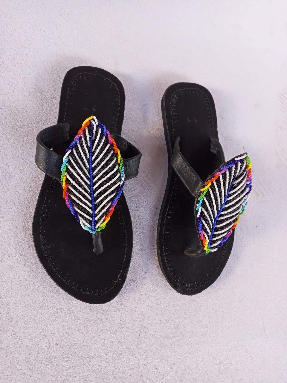 Handmade African Beaded Sandals/Authentic Maasai-Style Leather Flip-Flops Women/Boho Beach Sandals/Comfortable Summer Sandal African Gifts
