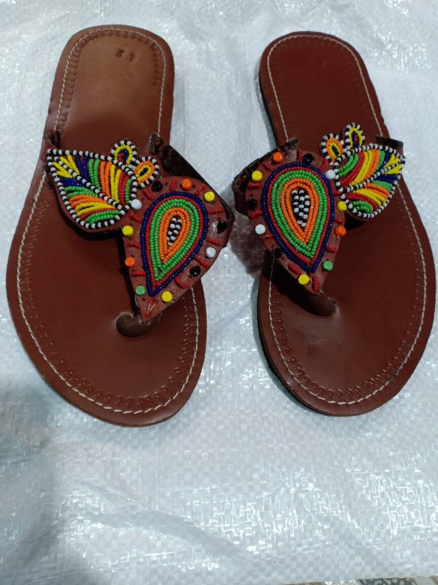 Handmade African Beaded Sandals/Authentic Maasai-Style Leather Flip-Flops Women/Boho Beach Sandals/Comfortable Summer Sandal African Gifts