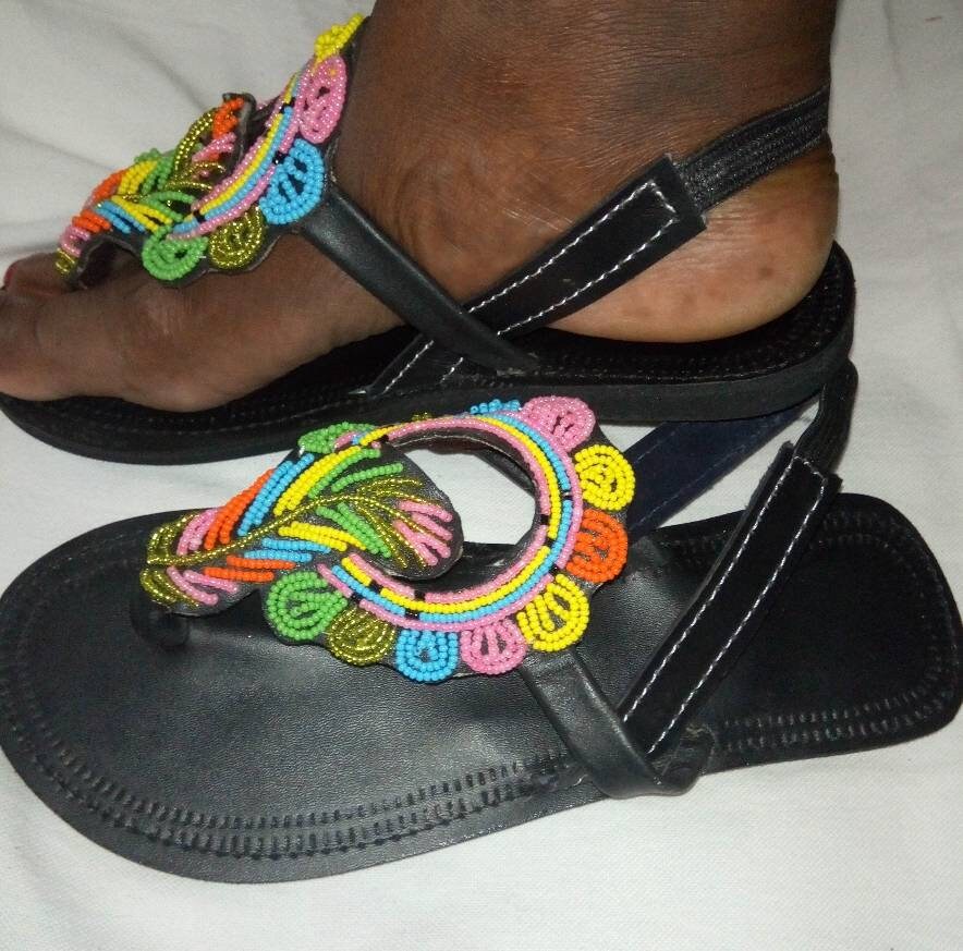 Handmade African Beaded Sandals/Authentic Maasai-Style Leather Flip-Flops Women/Boho Beach Sandals/Comfortable Summer Sandal African Gifts