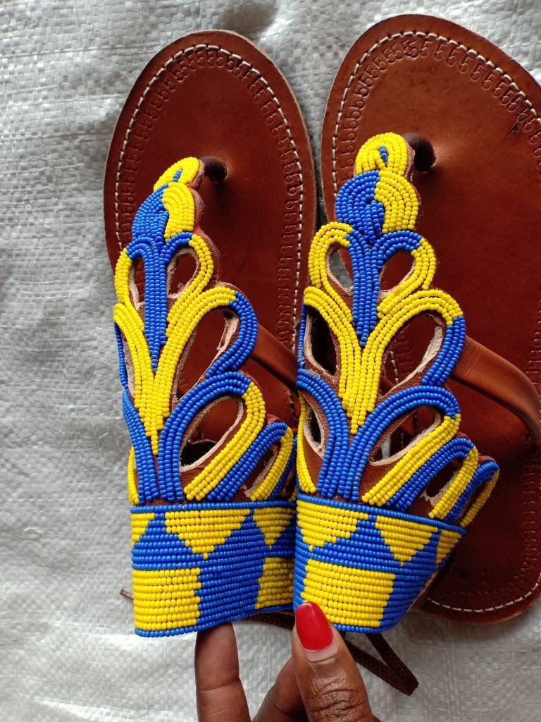 Handmade African Beaded Sandals/Authentic Maasai-Style Leather Flip-Flops Women/Boho Beach Sandals/Comfortable Summer Sandal African Gifts