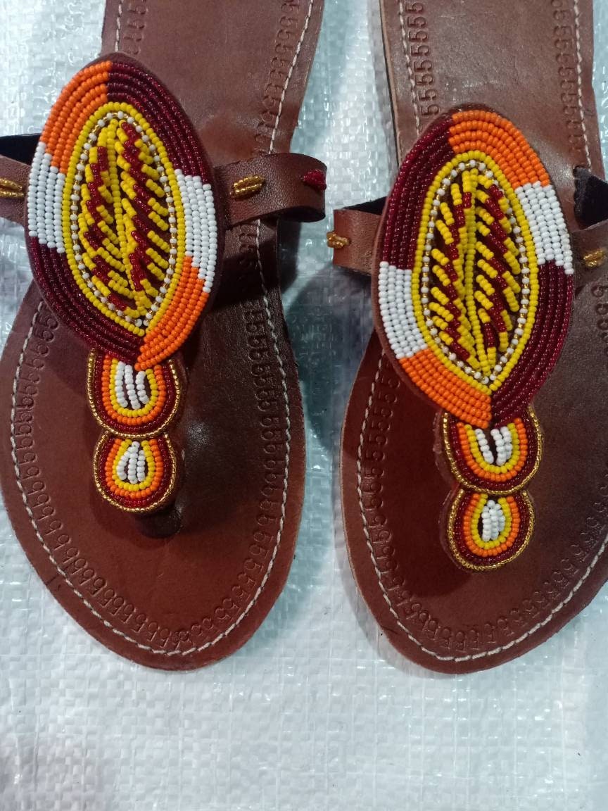 Handmade African Beaded Sandals/Authentic Maasai-Style Leather Flip-Flops Women/Boho Beach Sandals/Comfortable Summer Sandal African Gifts