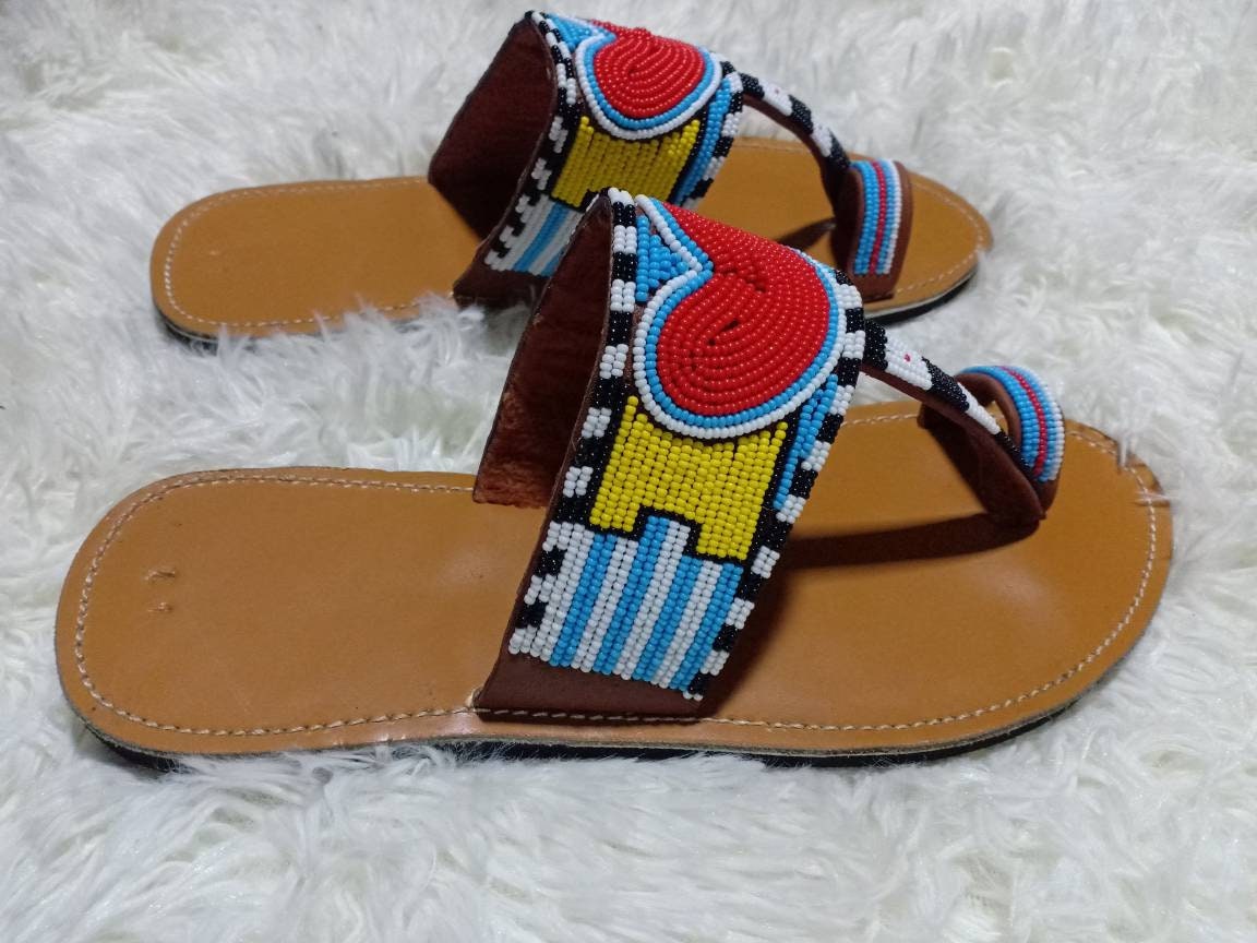 Handmade African Beaded Sandals/Authentic Maasai-Style Leather Flip-Flops Women/Boho Beach Sandals/Comfortable Summer Sandal African Gifts