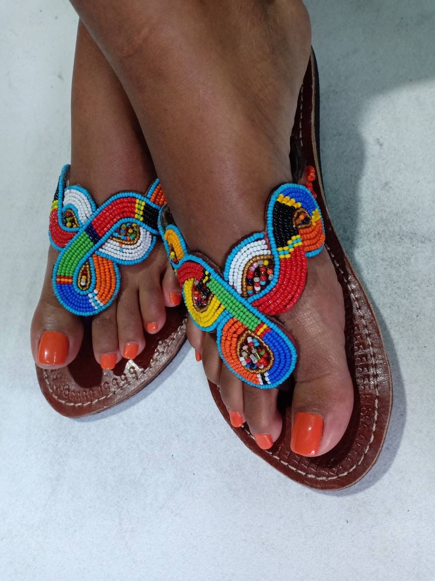 Handmade African Beaded Sandals/Authentic Maasai-Style Leather Flip-Flops Women/Boho Beach Sandals/Comfortable Summer Sandal African Gifts