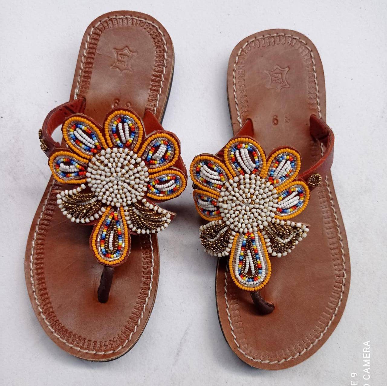Handmade African Beaded Sandals/Authentic Maasai-Style Leather Flip-Flops Women/Boho Beach Sandals/Comfortable Summer Sandal African Gifts