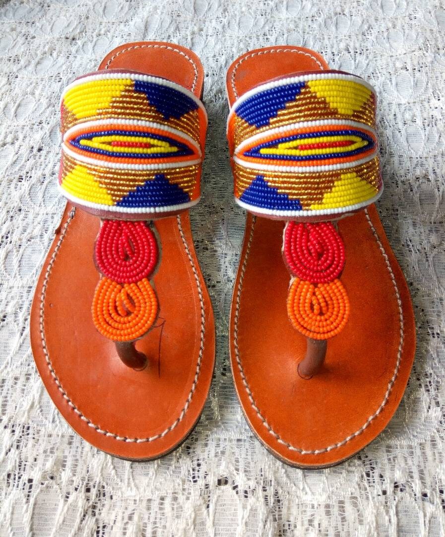 CUSTOMIZED Wedge Beaded Sandals/Authentic Maasai-Style Leather Flip-Flops Women/Boho Beach Sandals/Comfortable Summer Sandal African Gifts