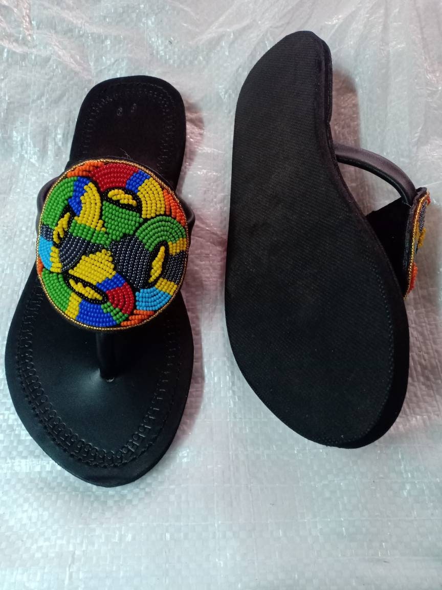 Handmade African Beaded Sandals/Authentic Maasai-Style Leather Flip-Flops Women/Boho Beach Sandals/Comfortable Summer Sandal African Gifts
