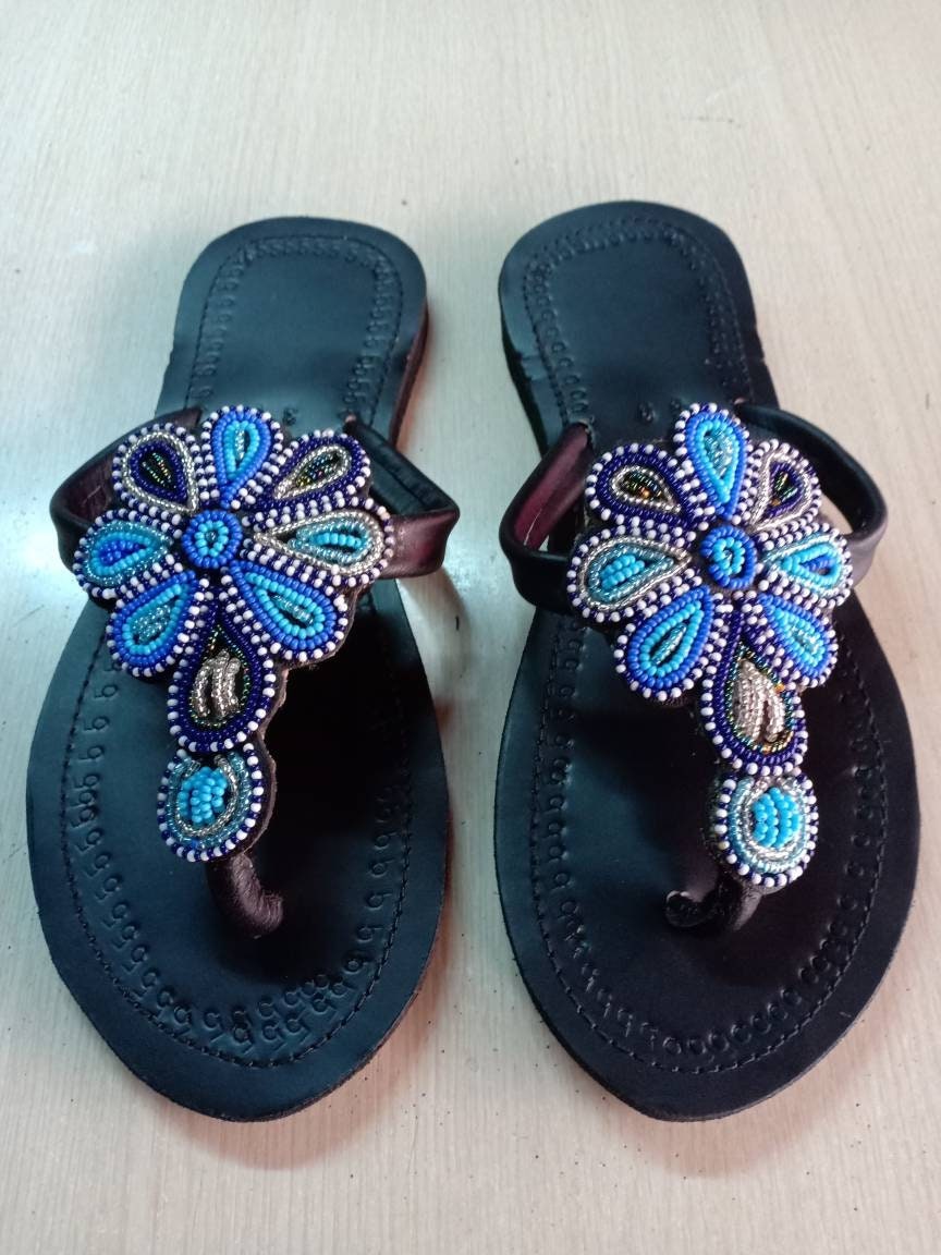 Handmade African Beaded Sandals/Authentic Maasai-Style Leather Flip-Flops Women/Boho Beach Sandals/Comfortable Summer Sandal African Gifts