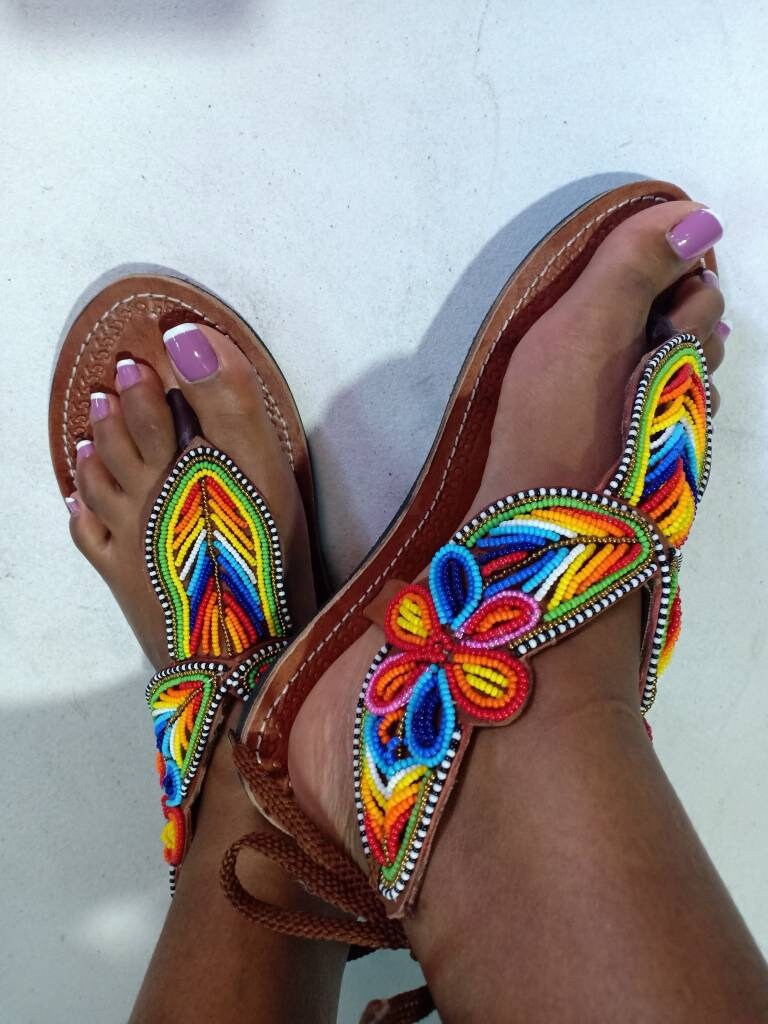 Handmade African Beaded Sandals/Authentic Maasai-Style Leather Flip-Flops Women/Boho Beach Sandals/Comfortable Summer Sandal African Gifts