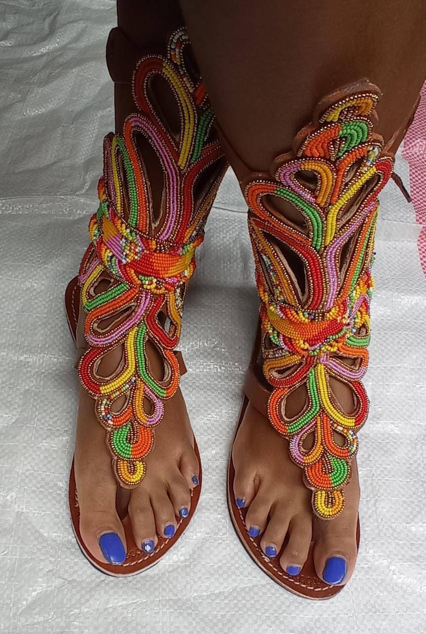 Handmade African Beaded Sandals/Authentic Maasai-Style Leather Flip-Flops Women/Boho Beach Sandals/Comfortable Summer Sandal African Gifts