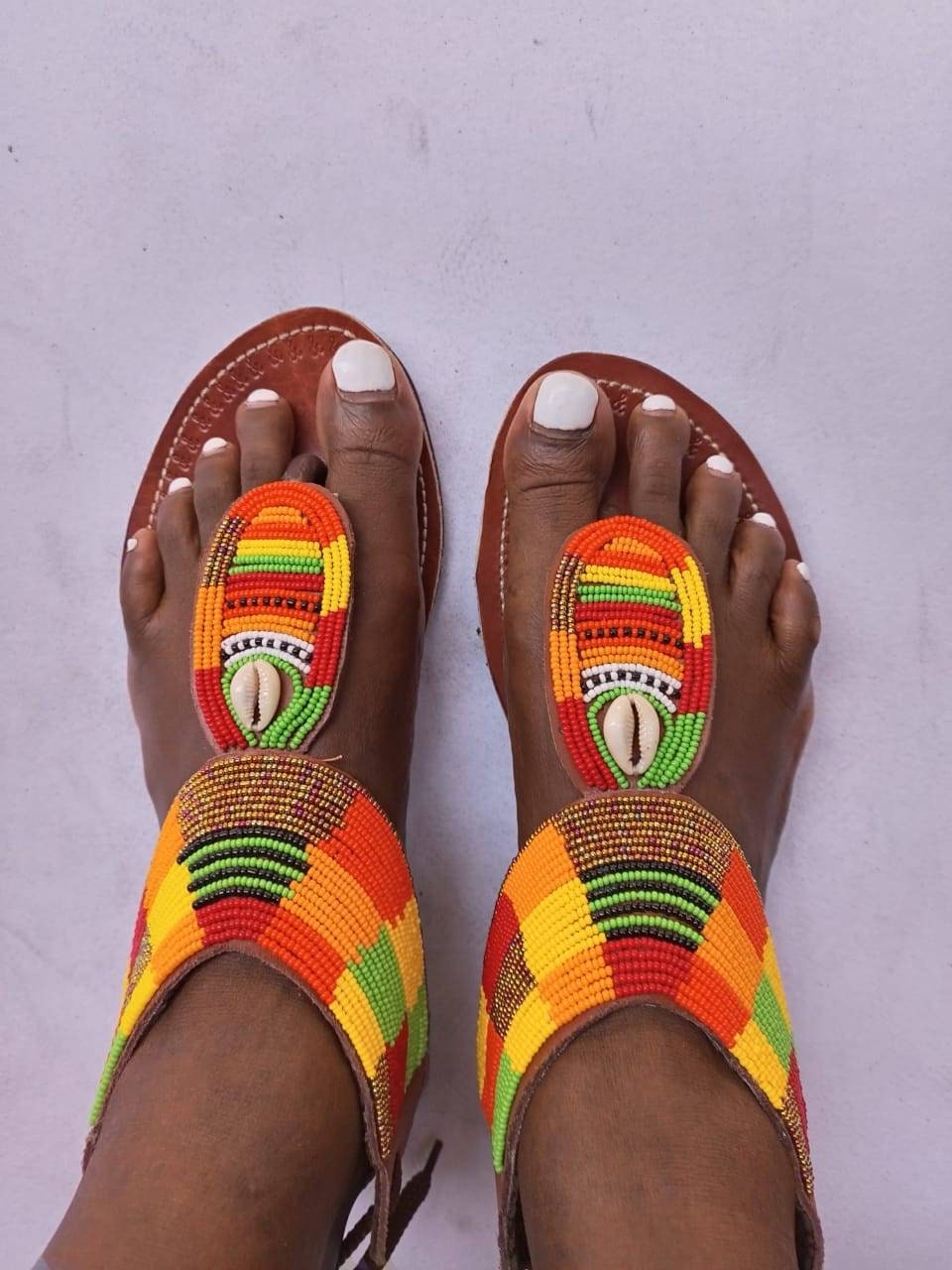Handmade African Beaded Sandals/Authentic Maasai-Style Leather Flip-Flops Women/Boho Beach Sandals/Comfortable Summer Sandal African Gifts