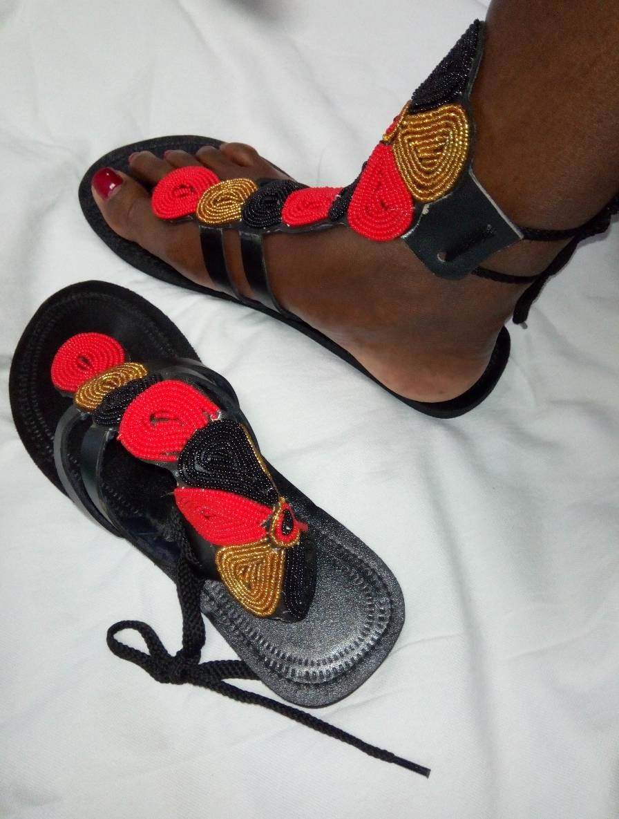 Handmade African Beaded Sandals/Authentic Maasai-Style Leather Flip-Flops Women/Boho Beach Sandals/Comfortable Summer Sandal African Gifts