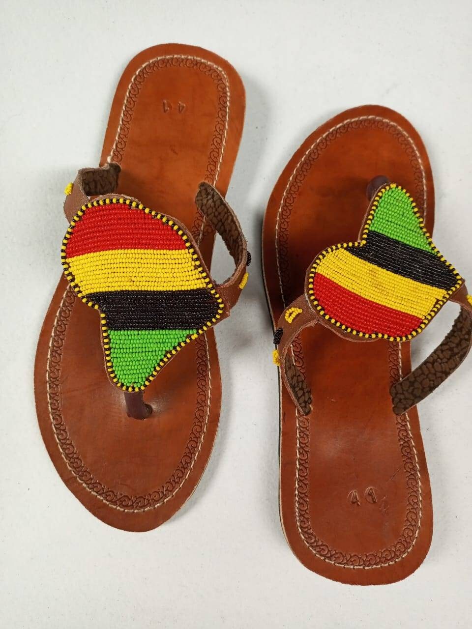 Handmade African Beaded Sandals/Authentic Maasai-Style Leather Flip-Flops Women/Boho Beach Sandals/Comfortable Summer Sandal African Gifts