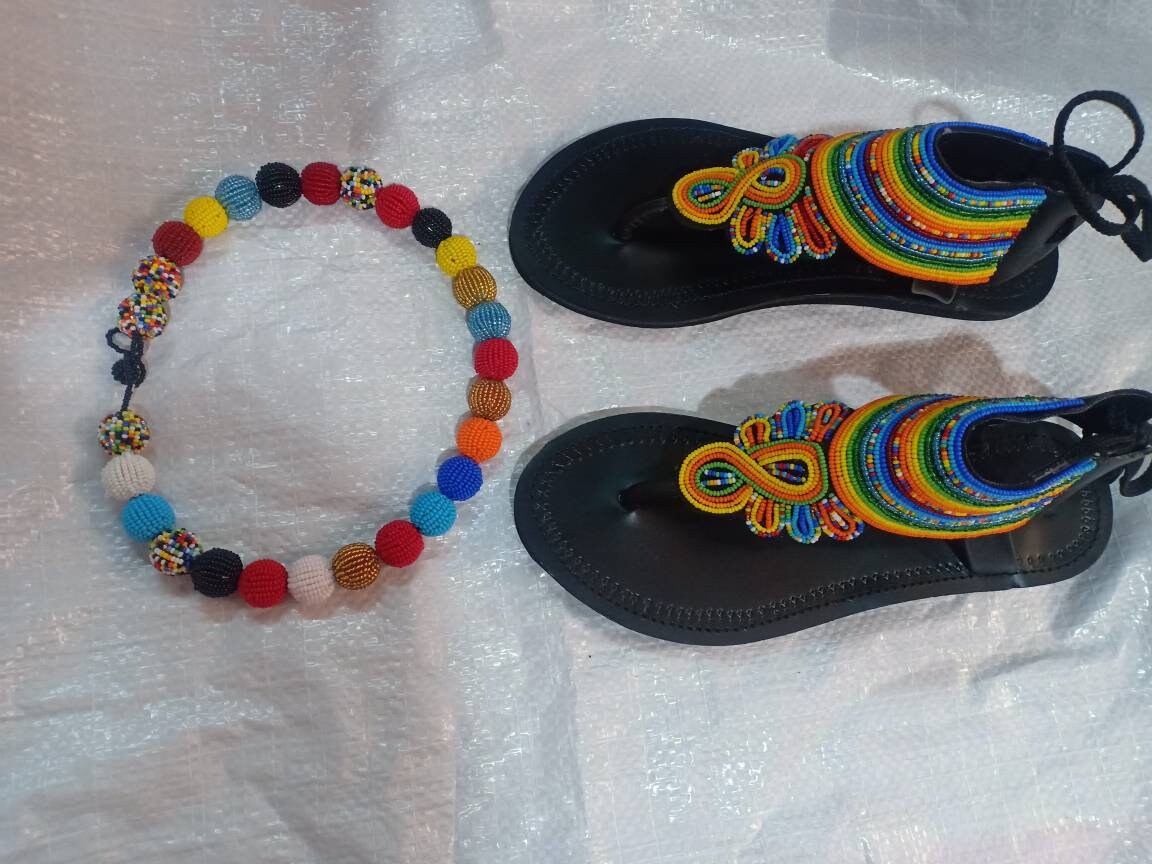 Handmade African Beaded Sandals/Authentic Maasai-Style Leather Flip-Flops Women/Boho Beach Sandals/Comfortable Summer Sandal African Gifts