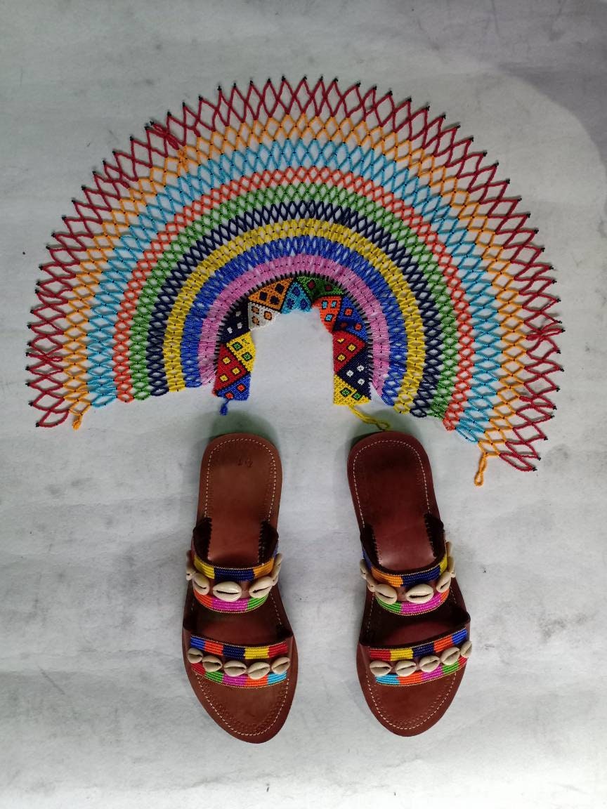 Handmade African Beaded Sandals/Authentic Maasai-Style Leather Flip-Flops Women/Boho Beach Sandals/Comfortable Summer Sandal African Gifts