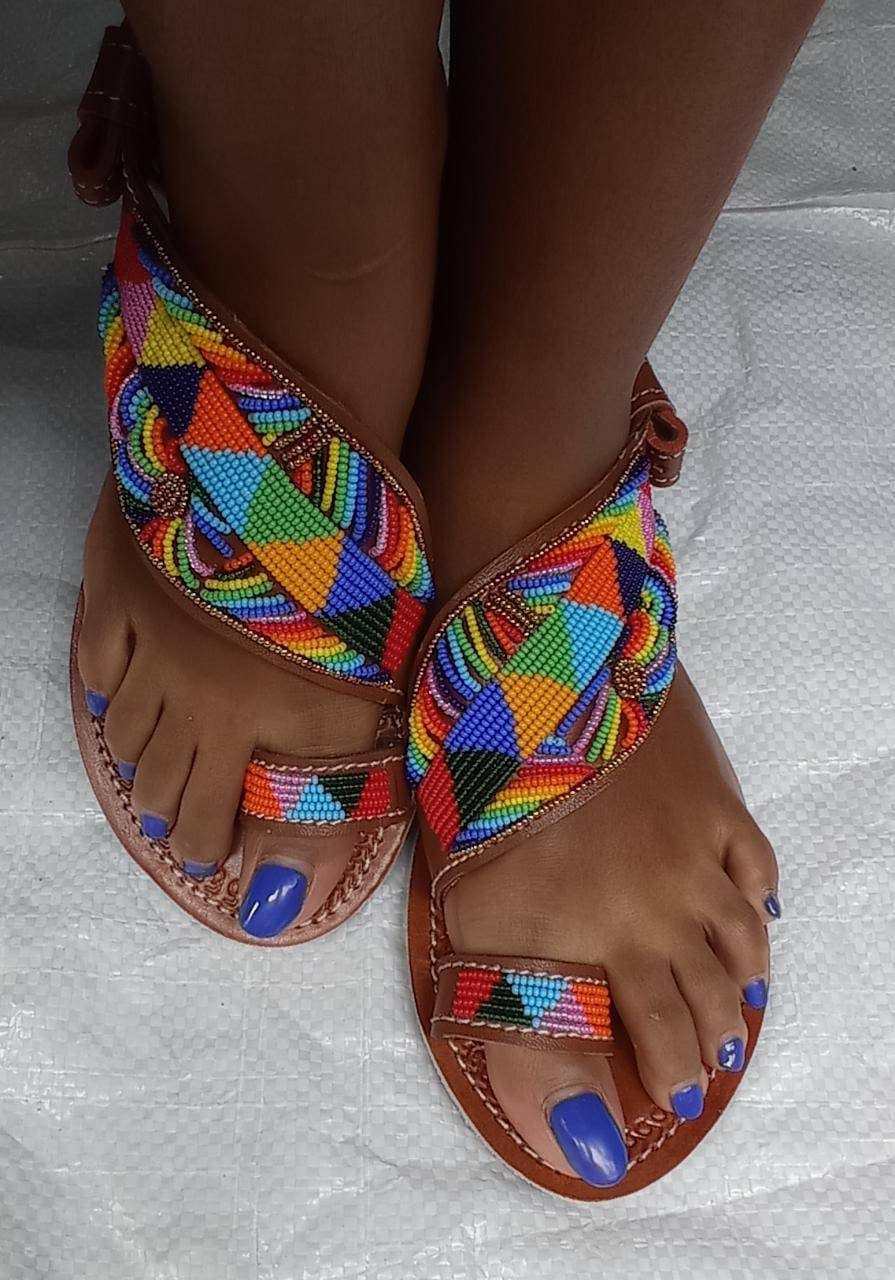 Handmade African Beaded Sandals/Authentic Maasai-Style Leather Flip-Flops Women/Boho Beach Sandals/Comfortable Summer Sandal African Gifts