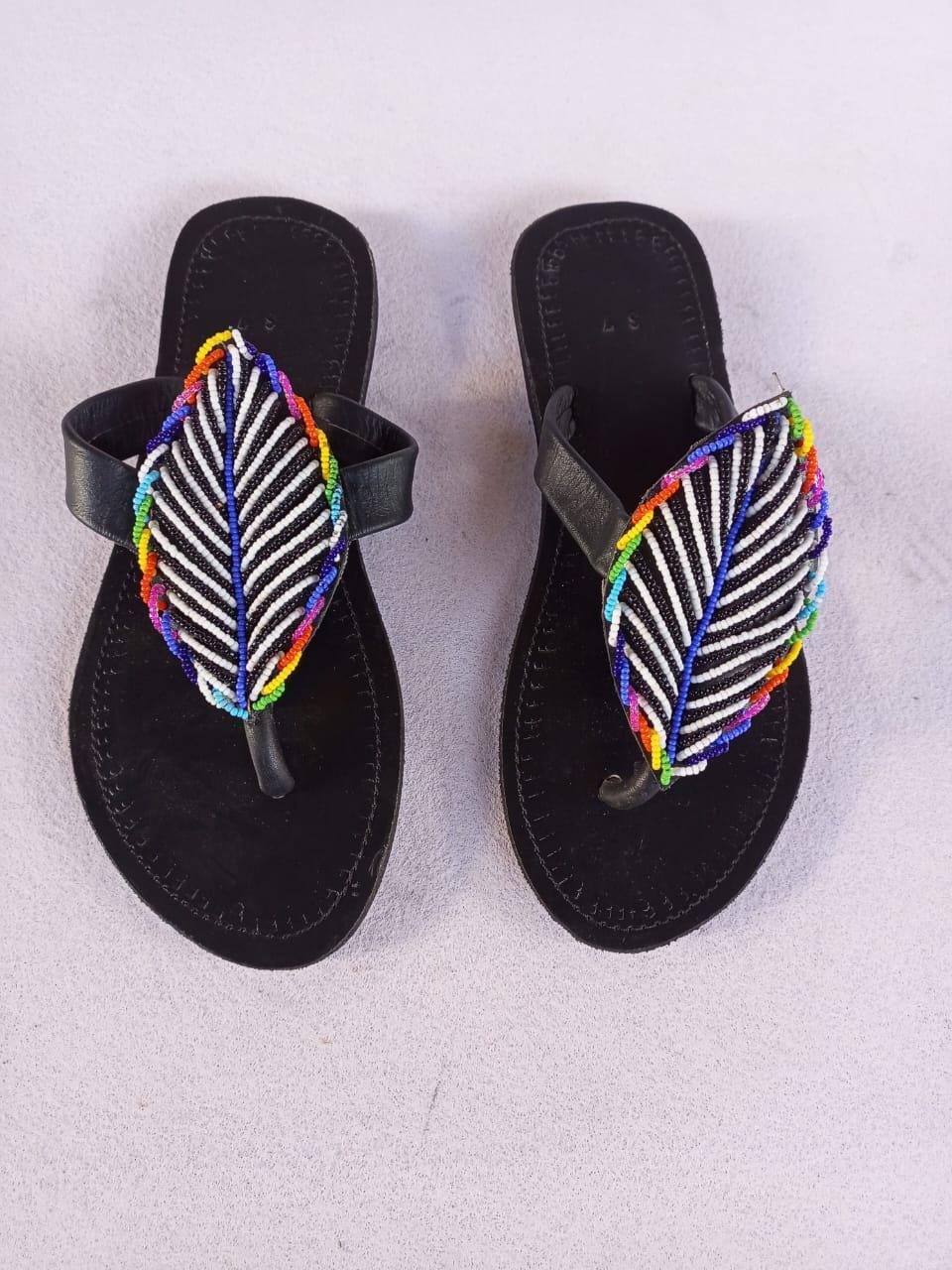 Handmade African Beaded Sandals/Authentic Maasai-Style Leather Flip-Flops Women/Boho Beach Sandals/Comfortable Summer Sandal African Gifts