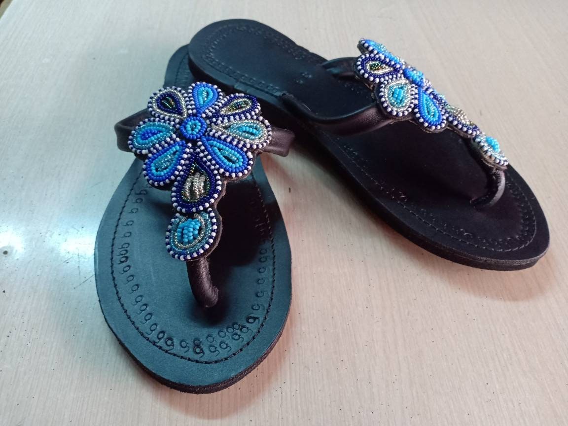 Handmade African Beaded Sandals/Authentic Maasai-Style Leather Flip-Flops Women/Boho Beach Sandals/Comfortable Summer Sandal African Gifts