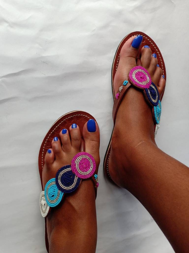 Handmade African Beaded Sandals/Authentic Maasai-Style Leather Flip-Flops Women/Boho Beach Sandals/Comfortable Summer Sandal African Gifts