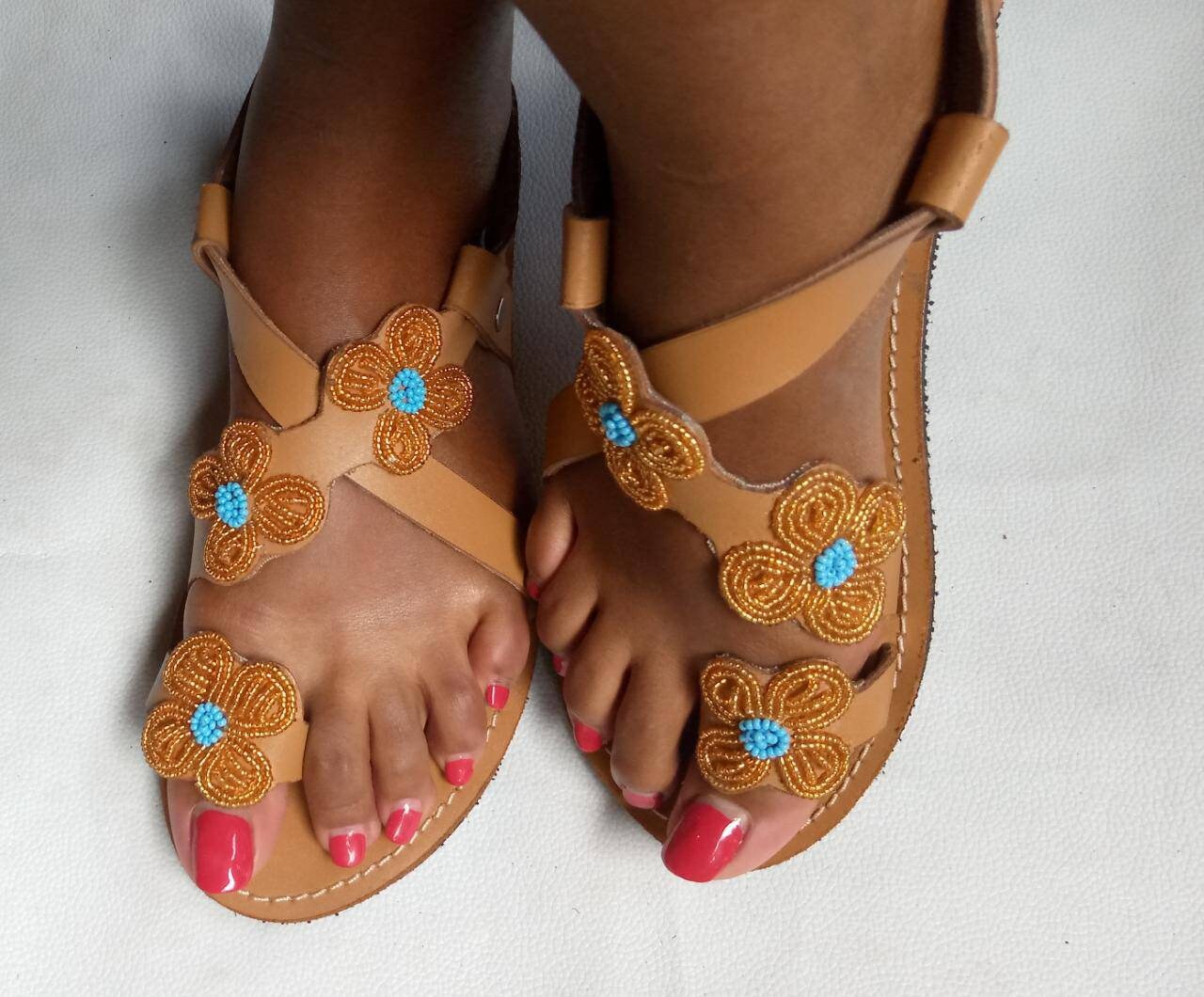 Handmade African Beaded Sandals/Authentic Maasai-Style Leather Flip-Flops Women/Boho Beach Sandals/Comfortable Summer Sandal African Gifts