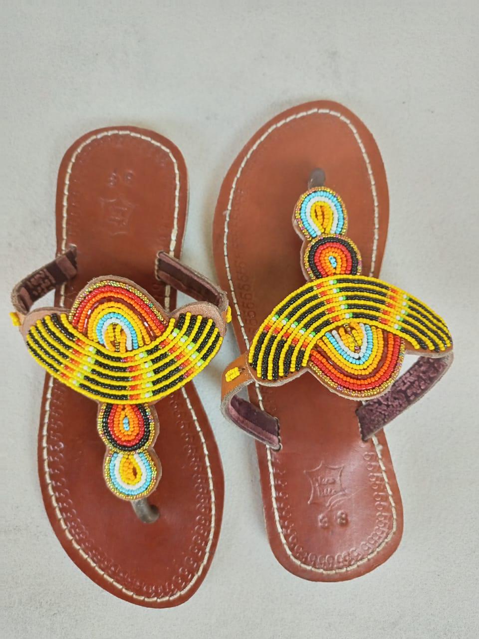 Handmade African Beaded Sandals/Authentic Maasai-Style Leather Flip-Flops Women/Boho Beach Sandals/Comfortable Summer Sandal African Gifts