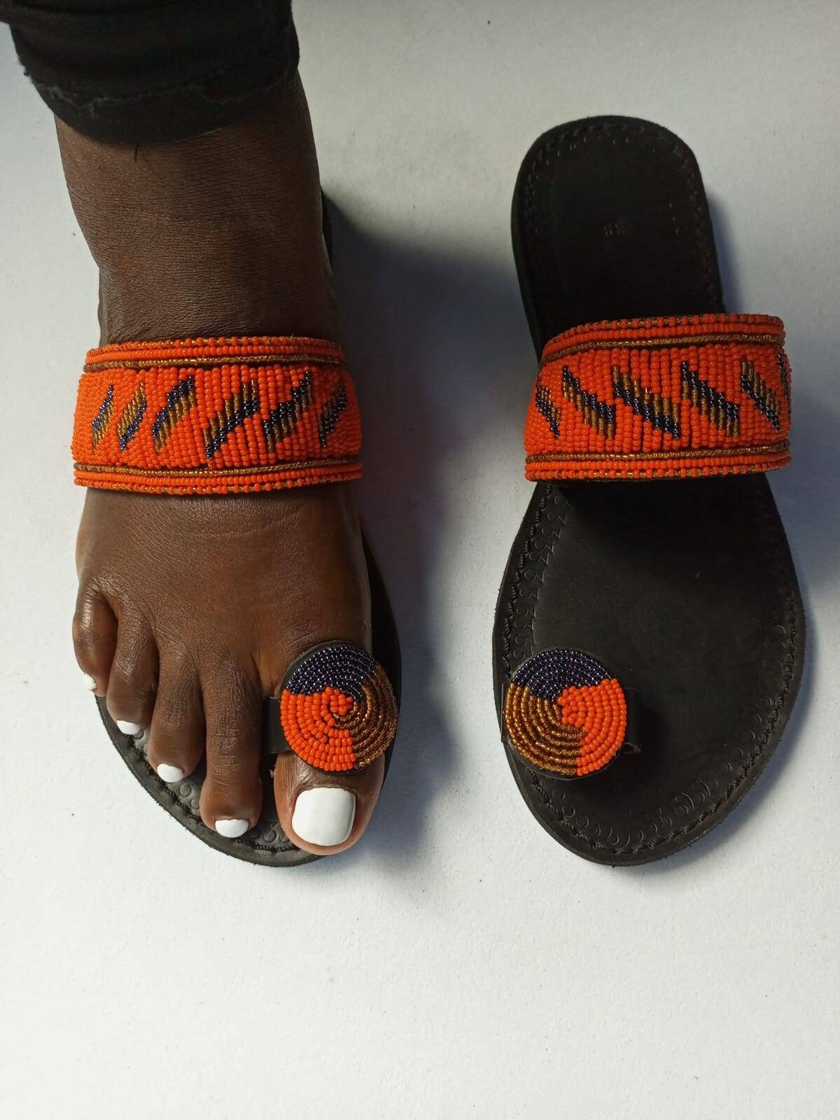 Handmade African Beaded Sandals/Authentic Maasai-Style Leather Flip-Flops Women/Boho Beach Sandals/Comfortable Summer Sandal African Gifts