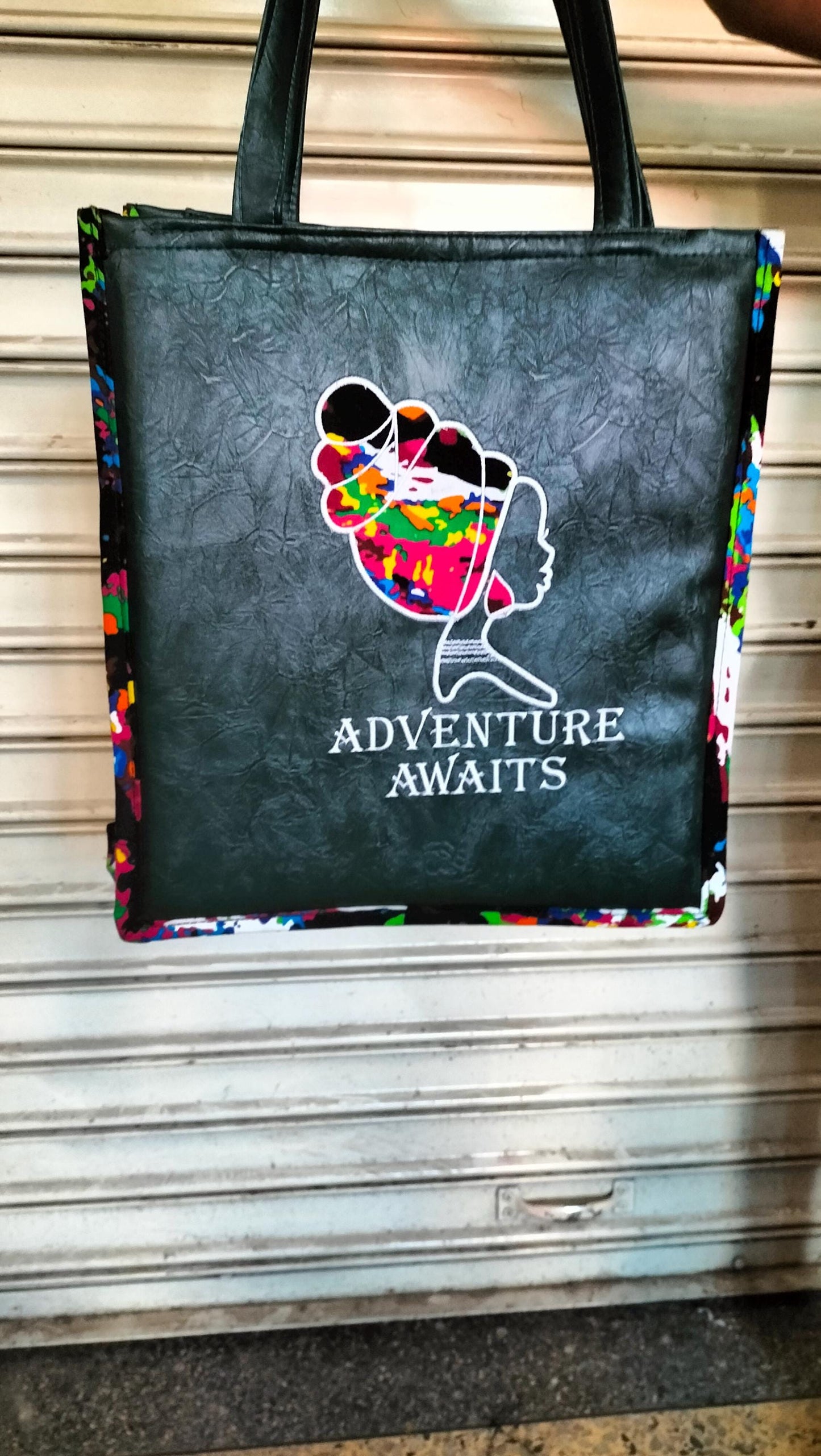 Adventure awaits tote,African Leather Tote bag, handcrafted laptop bag,Black woman modern African tote bag, Stylish tote bag,Brown girl bag.