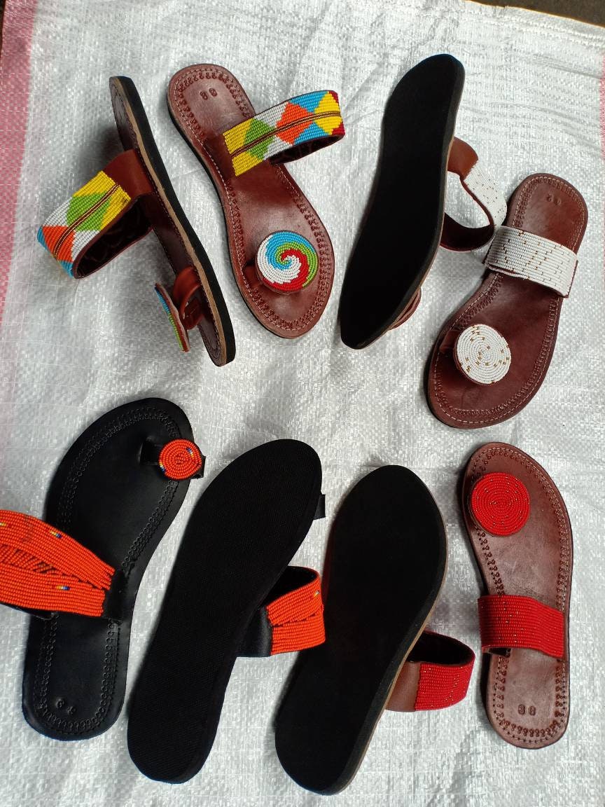 Handmade African Beaded Sandals/Authentic Maasai-Style Leather Flip-Flops Women/Boho Beach Sandals/Comfortable Summer Sandal African Gifts