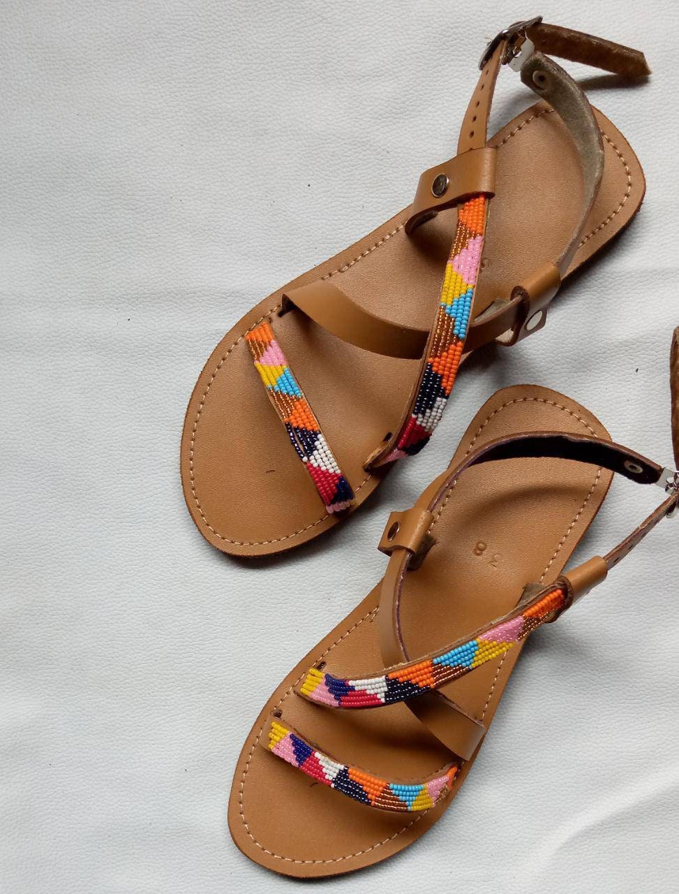 Handmade African Beaded Sandals/Authentic Maasai-Style Leather Flip-Flops Women/Boho Beach Sandals/Comfortable Summer Sandal African Gifts