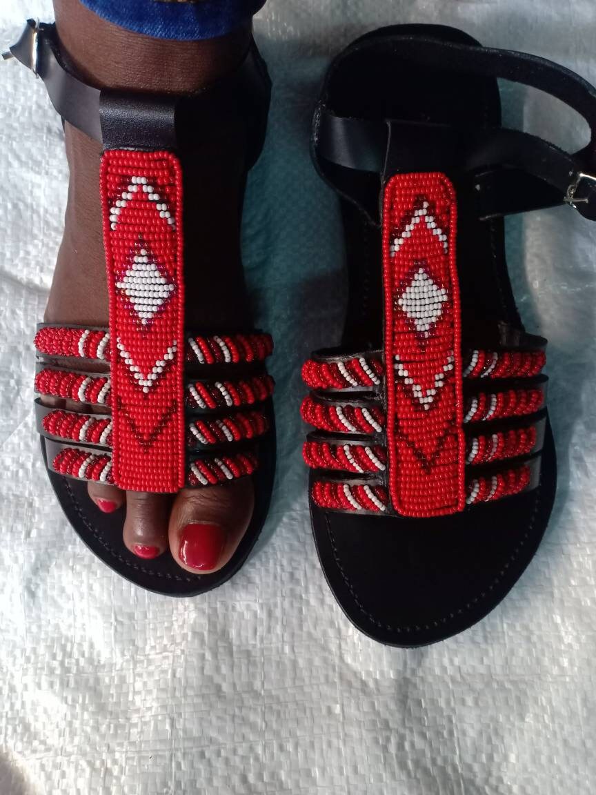 Handmade African Beaded Sandals/Authentic Maasai-Style Leather Flip-Flops Women/Boho Beach Sandals/Comfortable Summer Sandal African Gifts