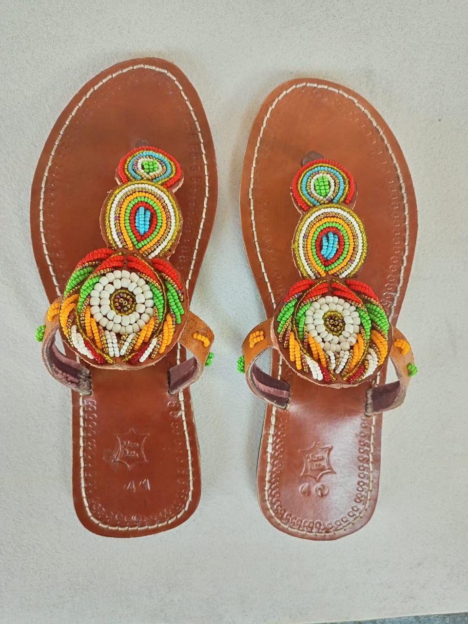 Handmade African Beaded Sandals/Authentic Maasai-Style Leather Flip-Flops Women/Boho Beach Sandals/Comfortable Summer Sandal African Gifts