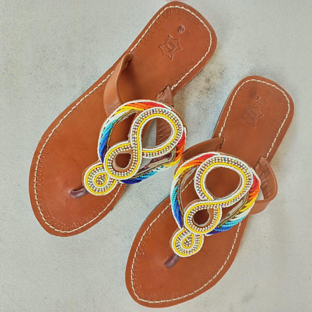 Handmade African Beaded Sandals/Authentic Maasai-Style Leather Flip-Flops Women/Boho Beach Sandals/Comfortable Summer Sandal African Gifts