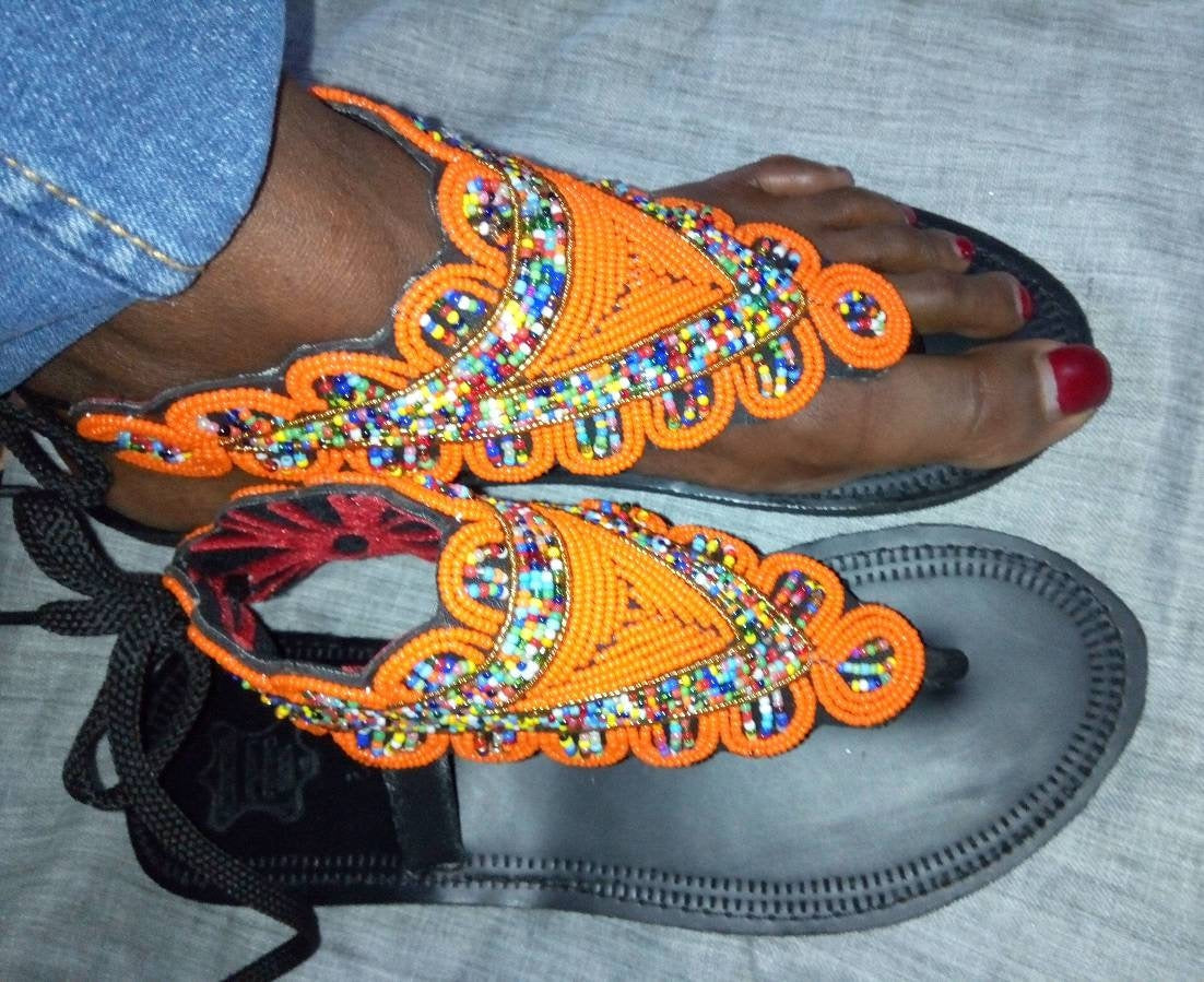 Handmade African Beaded Sandals/Authentic Maasai-Style Leather Flip-Flops Women/Boho Beach Sandals/Comfortable Summer Sandal African Gifts